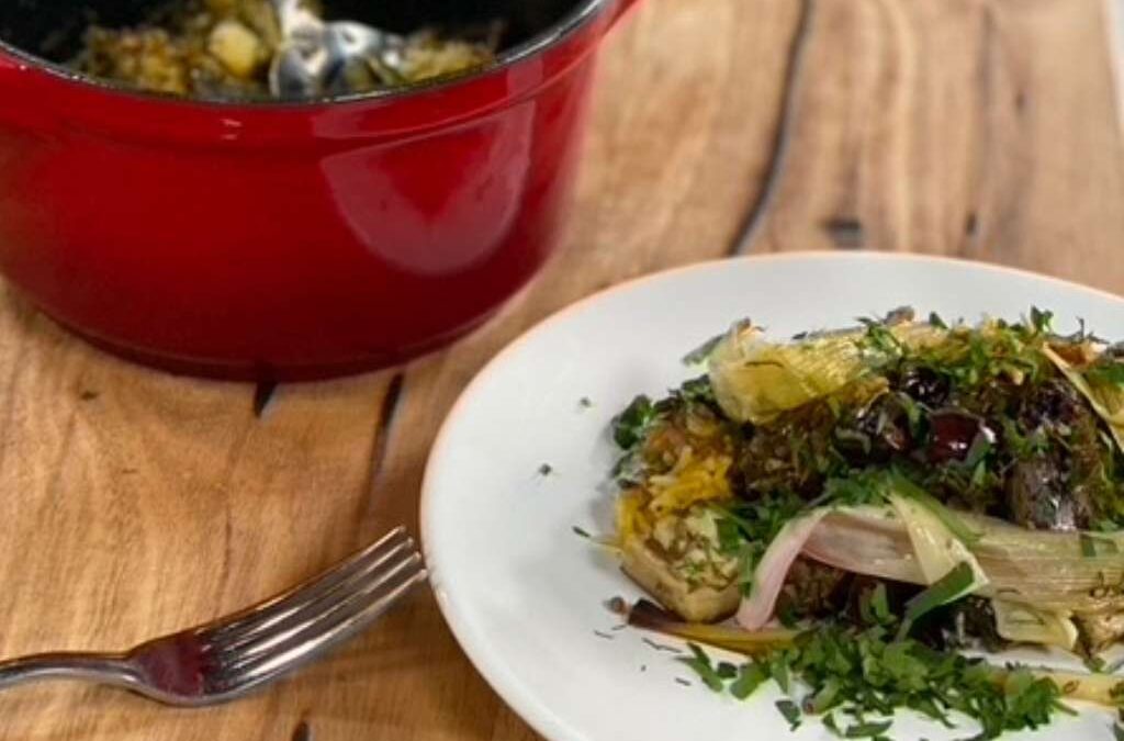 Simon Toohey’s Baked rice, eggplant and leek hotpot with, olives, dill and parsley