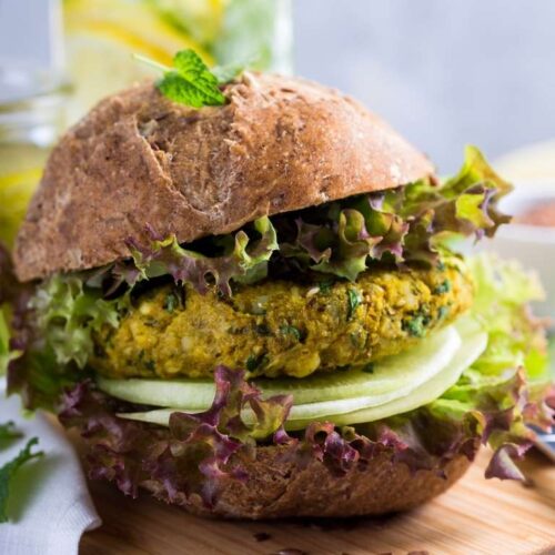 Sprouted Mung Bean Burgers with Creamy Mint Dressing