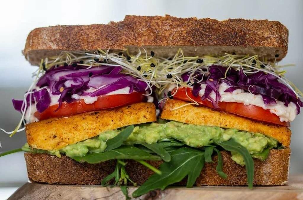 Mira Weiner’s BBQ Tofu, Kraut & Sprout Sandwich