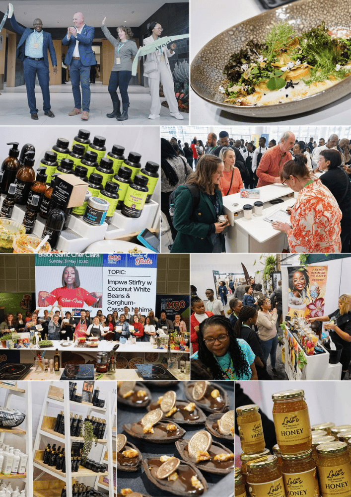 A collage of images from The Good Life Show exhibition in Cape Town, featuring a ribbon-cutting ceremony, an elegant plant-based dish, organic beauty products, a busy registrations desk, an interactive IMBO Theatre of Taste cooking masterclass with Black Garlic Chef Clara, an exhibition stall with a portrait backdrop, a boutique retail display shelf, gourmet chocolate desserts, and jars of Lolo's Honey.